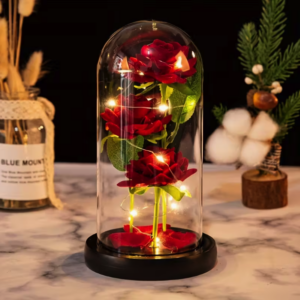 POTRÓJNA RÓŻA W SZKLE ZE ŚWIATEŁKAMI LED na Walentynki